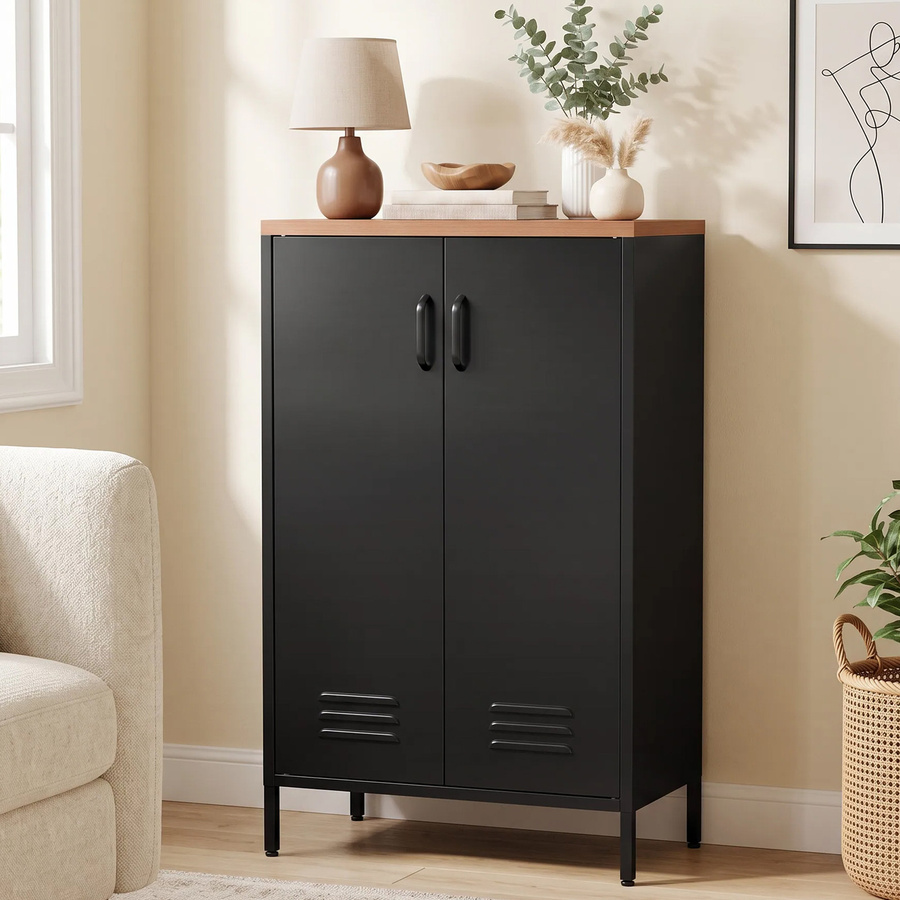 Aosom Küchenschrank aus Stahl im Industrial Design mit 2 Türen und verstellbaren Einlegeböden, Schwarz/Braun Holzoptik, B: 65 cm, T: 35 cm, H: 106 cm - Bild 2
