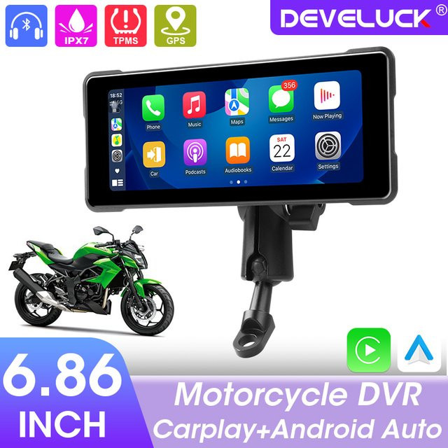 Develuck Motorrad GPS Navigation mit 6,86 Zoll Display, Wireless CarPlay und Android Auto, wasserdichtes Dual Bluetooth DVR System in Schwarz - Bild 1