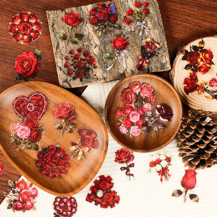 56 Stück rote Rosen-Blumen-Aufkleber aus transparentem PET in Herzform von AnimeWorlds Store - Bild 5