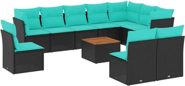 vidaXL Garten-Sofagarnitur aus Poly-Rattan mit 11 Teilen und Kissen in Schwarz und Blau - Bild 1
