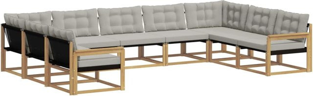 vidaXL Outdoor-Sofagarnitur 9-teilig aus Akazienholz mit Textilene und Kissen in Weiß-Hellgrau - Bild 1
