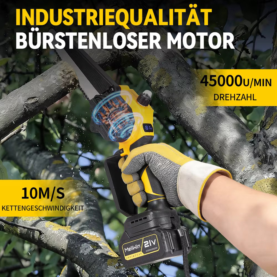 MELLWIN 4-in-1 Gartenpflegewerkzeug Set mit bürstenloser 8-Zoll-Kettensäge, 32-mm-Gartenschere und 185 cm Teleskopstange in Gelb für Makita 18V Akku - Bild 4