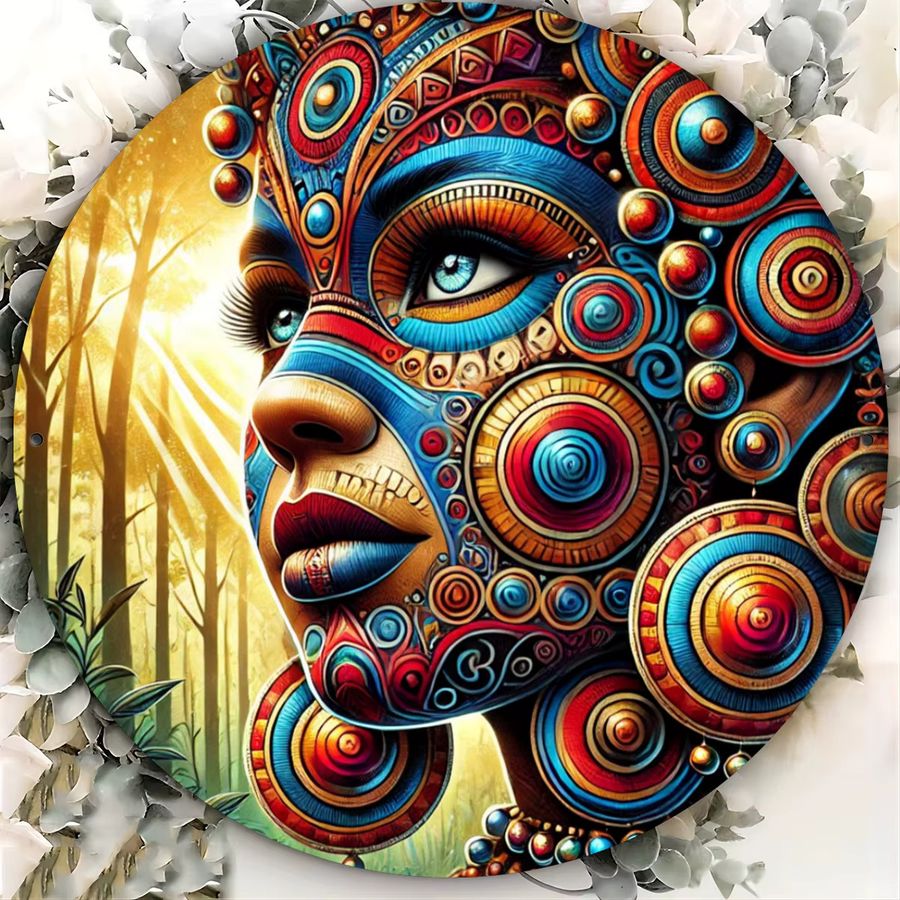 Potdemiel Metallschild Tribal Face Paint Art Design als runde Wanddekoration, Durchmesser: 20,3 cm, Multicolor - Bild 3