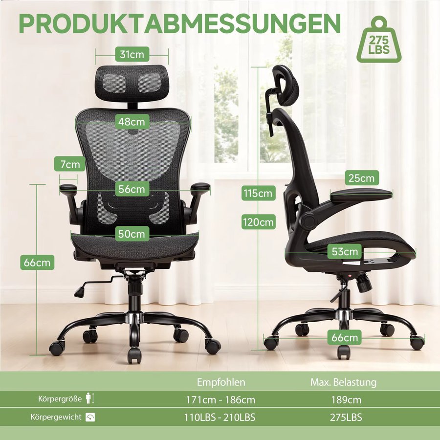 GTPLAYER Ergonomischer Bürostuhl CH90-BLK in Schwarz mit verstellbarer Kopfstütze, Wippfunktion und Mesh-Rückenlehne - Bild 7