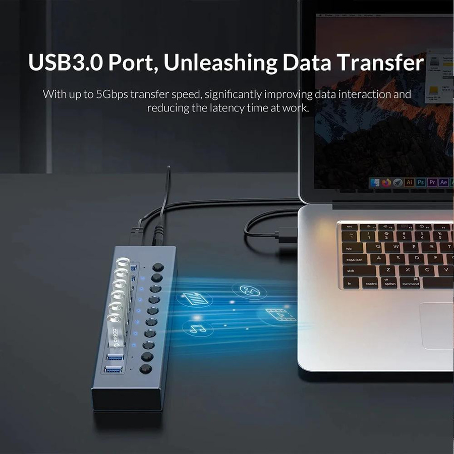ORICO USB 3.0 Hub mit 10 Ports und Ein/Aus-Schalter, grauer USB-Splitter mit EU-Netzadapter für Laptop - Bild 2