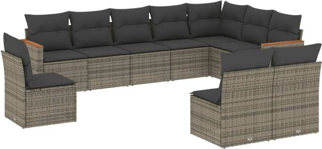 vidaXL 10-tlg. Garten-Sofagarnitur in L-Form aus Poly-Rattan und Akazienholz in Grau mit Kissen und Stauraum - Bild 1