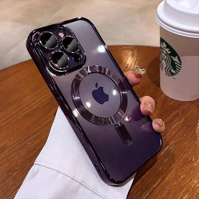 Magnetische Schutzhülle für Apple iPhone 15 14 13 12 11 Pro Max Plus mit klarer Linse in Transparent und Purple, stoßfest und kompatibel mit kabellosem Laden - Bild 1