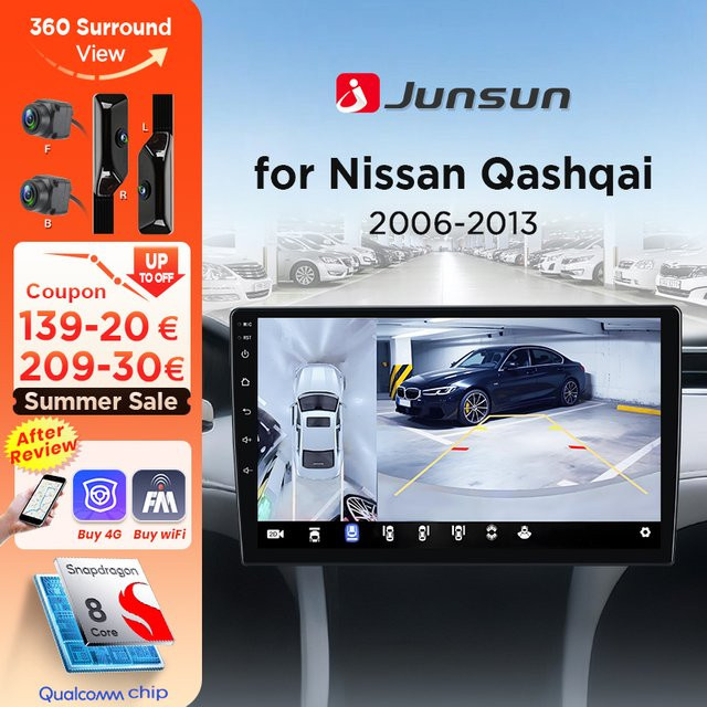 Junsun 8-Core Android Auto Radio mit 360° Panorama Kamera und GPS für Nissan Qashqai J10 2006-13, Schwarz, Wireless CarPlay - Bild 1