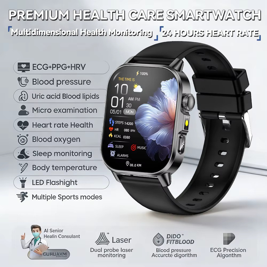 GUHUAVMI KI-Gesundheits-Smartwatch in Schwarz mit 2,0 Zoll HD-Display, EKG-Erkennung, Blutdruckanalyse und Bluetooth-Anruf-Funktion - Bild 8