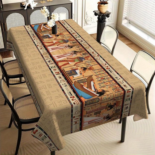 Wasserdichte Tischdecke mit antiken ägyptischen Hieroglyphen von JINGYUE Pet, beige, B/B: 140 x 140 cm - Bild 1