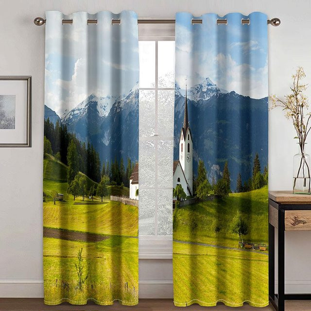 Luxuriöse Vorhänge mit Naturlandschaft Wald See und Bergblick, 2 Paneele, Mehrfarbig, B: 50 cm, H: 130 cm - Bild 1