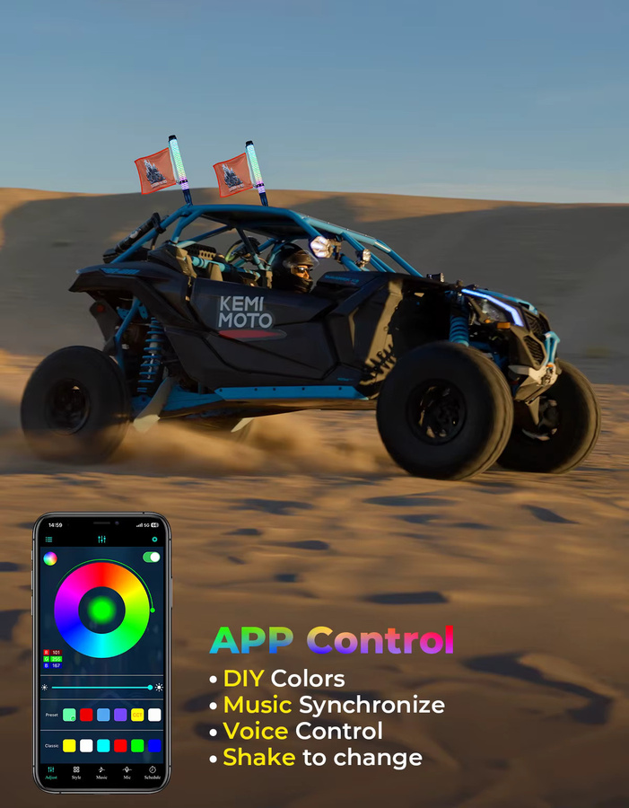 KEMIMOTO RGB Fat Whip Lights Wasserdichte Blinker mit Bluetooth-Fernbedienung in Schwarz für UTV ATV Can-Am, Auto, LKW und Golfwagen - Bild 3