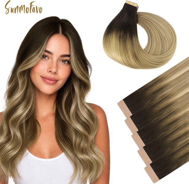 Sunmofavo Tape-In-Haarverlängerungen, Ombre, Walnussbraun, 10 Stück, 100 % Remy-Echthaar - Bild 1