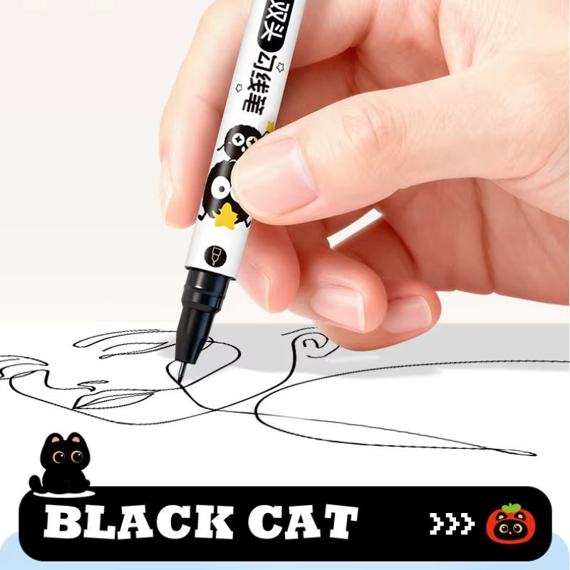 TWBEB 5 Stück Doppelspitzen-Zeichenstifte mit feiner Linie im schwarzen Katzen-Design, wasserfeste Manga-Marker für Kunststudenten, Farbe: Schwarz - Bild 4