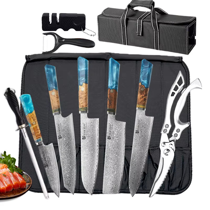WXCOO Kiritsuke-Messer Set mit Damaskus-Muster in Silber, Japanisches Küchenmesser für Fischfilet und zum Ausbeinen - Bild 5