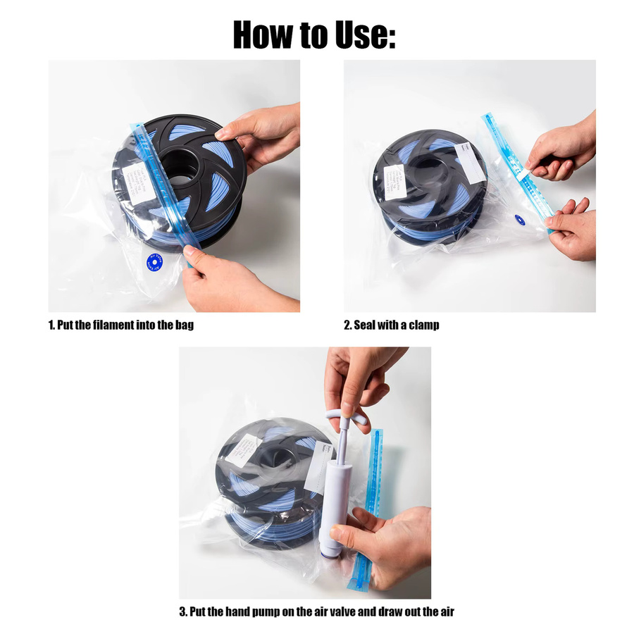 10 Stück Filament-Trockner-Vakuumversiegelungsbeutel für PLA 3D-Drucker-Teile mit Luftpumpen-Extraktor, feuchtigkeitsbeständig, weiß und transparent - Bild 2