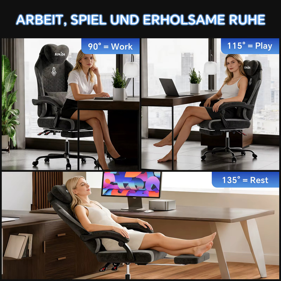 SUKIDA Gaming-Stuhl in Grün, ergonomischer Stoff-Bürostuhl mit Kopfstütze und Armlehnen für Erwachsene - Bild 5