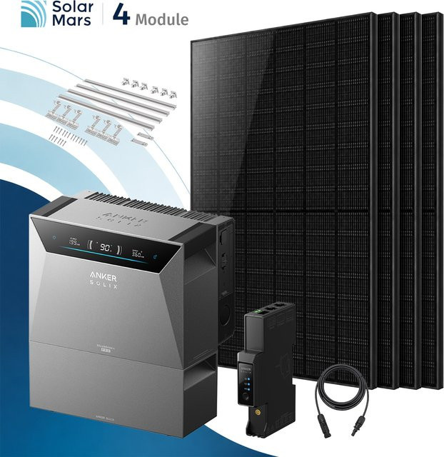 SolarMars Balkonkraftwerk Anker SOLIX mit Speicher Anker SOLIX Solarbank 4 E5000 Pro, 1x BP2700 Erweiterungsakku und 4x 500W Solarmodulen inklusive Ziegeldachhalterung in Grau - Bild 1