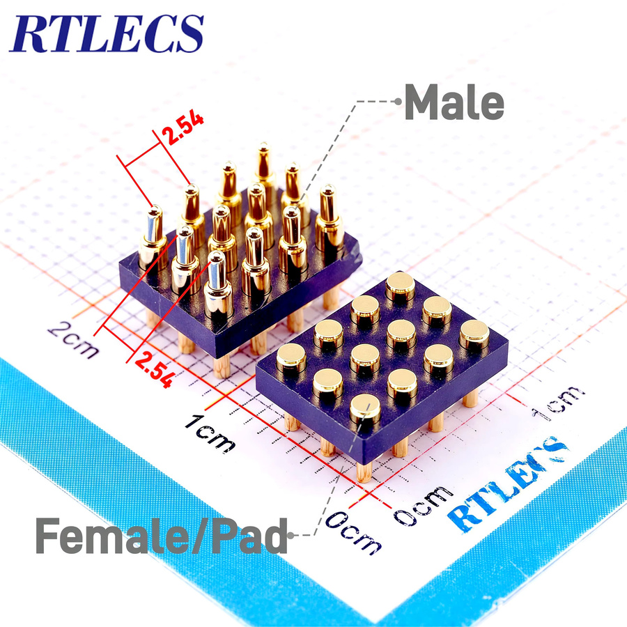 RTLECS Pogo-Pin-Stecker mit 12 Positionen in 3 Reihen, 2,54 mm Raster, Gold 1u Beschichtung, Steckerhöhe: 5,0 mm, 6,0 mm, 7,0 mm und Buchse: 3,5 mm - Bild 1