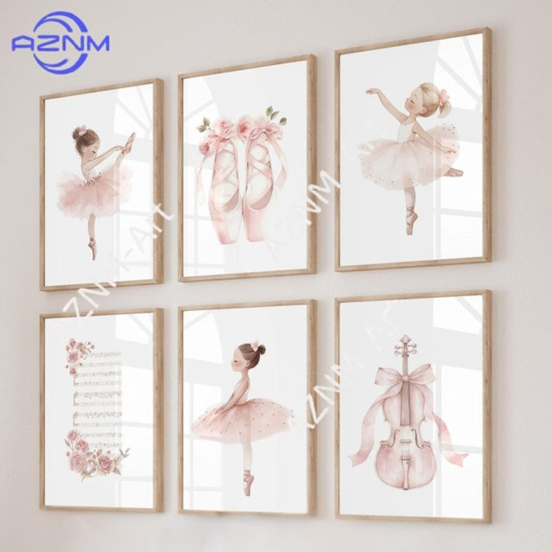 AZNM Moderne Leinwandgemälde für das Kinderzimmer mit Ballerinas, Violinen und Blumen in Rosa, Rahmenlos, Hochformat - Bild 1