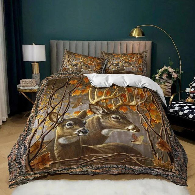 Bettwäsche-Set Lodestar mit Hirsch-Motiv im Herbstwald-Design, 2/3-teilig, braun, B/H: 180 x 210 cm - Bild 1