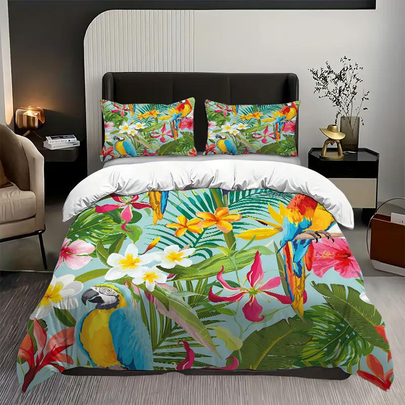 Bettwäsche-Set mit buntem Papageien- und Blumenmuster im tropischen Regenwald-Stil, 3-teilig, Multicolor, B/H: 150 x 200 cm - Bild 2