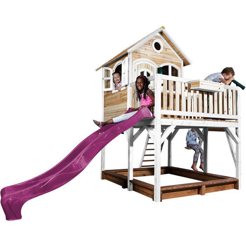 Axi Spielturm Liam aus Holz mit Einzelschaukel und Rutsche in Braun, Weiß und Lila, B/H/T: 541 x 291 x 277 cm - Bild 2