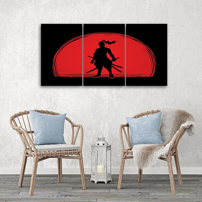 Dreiteiliger Leinwanddruck Feeby Samurai Japan Sun in Rot, B/H: 60 x 40 cm - Bild 1