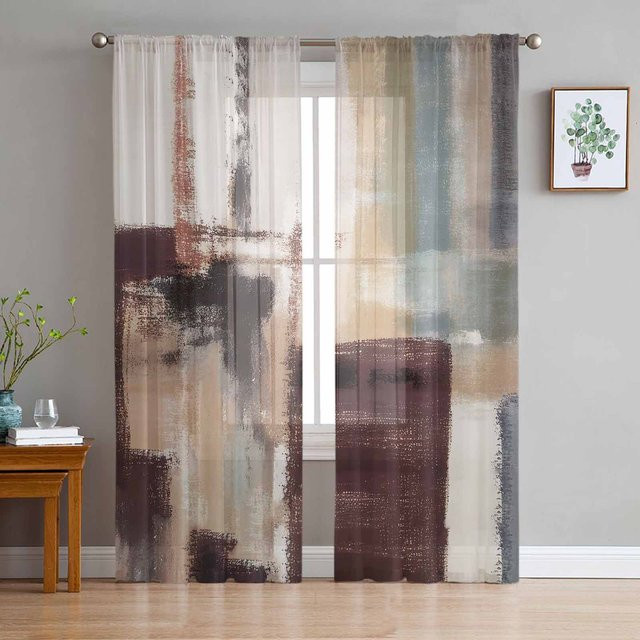Transparente Tüll-Vorhänge im modernen abstrakten Ölmalerei-Stil von Household supplies MH, Braun/Mehrfarbig, Breite: 135 cm, Höhe: 160 cm - Bild 1