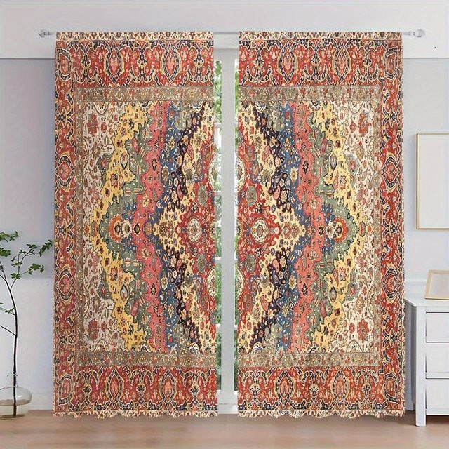 2-teiliges Set Boho Hippie Fenstergardinen mit Lebensbaum-Motiv, halbtransparent, B: 50 cm, H: 130 cm, Mehrfarbig - Bild 1