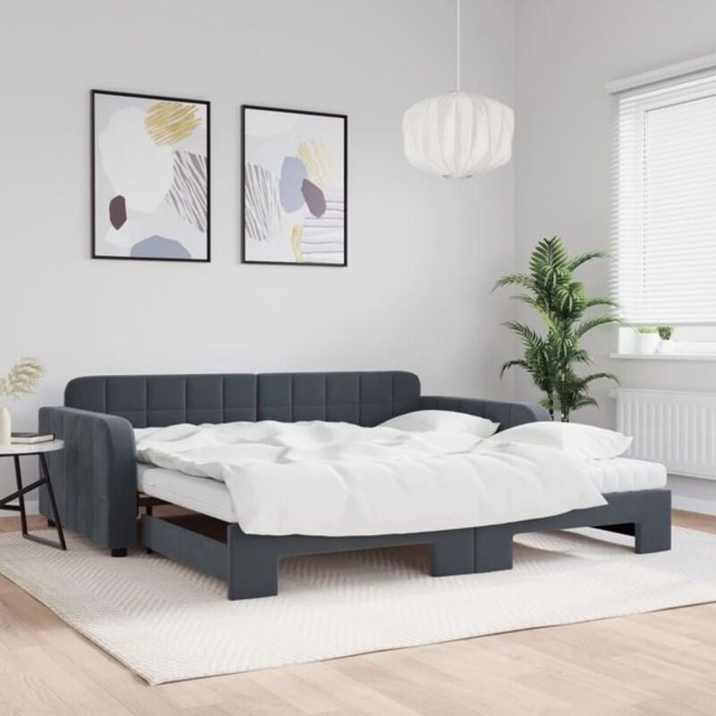 Ausziehbares Polsterbett vidaxl mit Matratze in Anthrazit und Grau aus Samt und Metall B/T: 100 x 200 cm - Bild 1