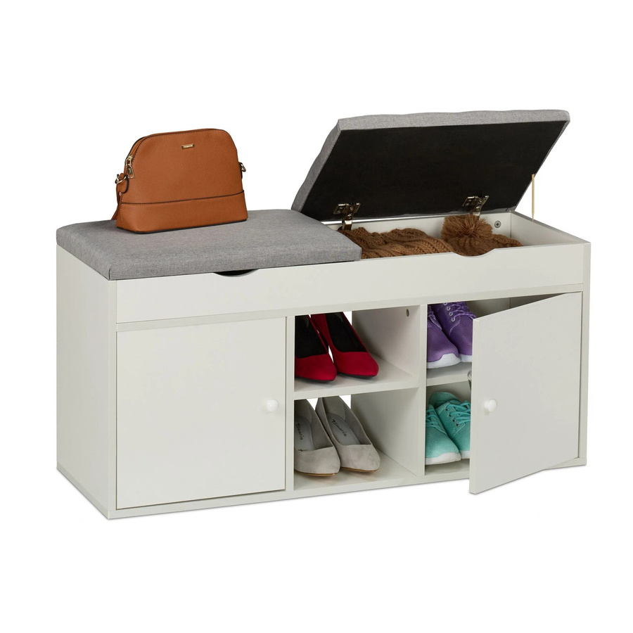 Relaxdays Schuhbank klappbar und gepolstert aus MDF in Weiß und Grau, B/T/H: 100 x 49,5 x 34 cm - Bild 2