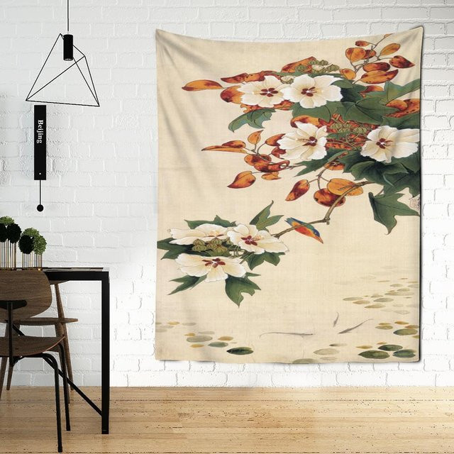 Wandteppich Super Six im antiken chinesischen Stil mit Landschaft, Blumen und Vögeln, Boho Wandbehang Multicolour, Breite: 95 cm, Höhe: 70 cm - Bild 1