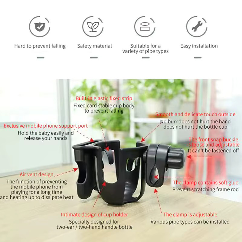 Multifunktionaler Halter für Kinderwagen und Fahrrad zur Befestigung von Flaschen, Handy und Wasserbechern in Schwarz - Bild 2