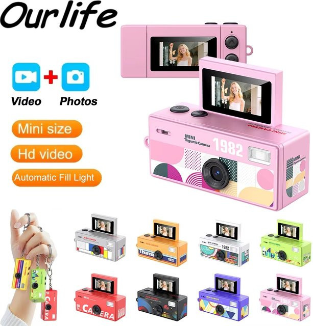 Ourlife Daumen-Schlüsselanhänger Mini Digitalkamera mit 0,96 Zoll Klappbildschirm, Retro CCD Kompaktkamera in Purple, 720P Videorekorder - Bild 1
