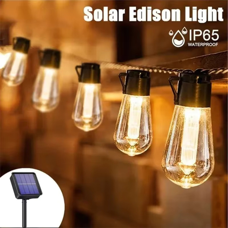 Solar LED Lichterkette Super-Cheese mit Retro Vintage Glühbirnen, IP65 Wasserdicht, Warmweiß, Schwarz, für Garten und Party-Dekoration - Bild 5
