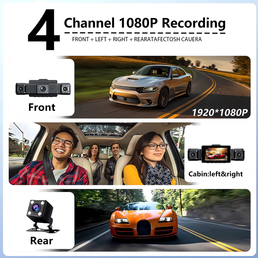 4 Kanal Auto Dashcam Full HD 1080P mit Wifi und Nachtsicht, Black Box Video Recorder für die Kabine in Schwarz - Bild 3