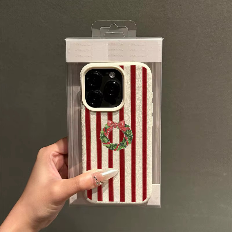 Rote Handyhülle mit Weihnachtskranz-Muster und Litschi-Textur für Apple iPhone Modelle, weiche Abdeckung - Bild 2