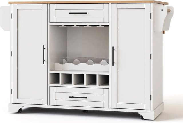 okwish Küchenwagen Weiß mit klappbarer Arbeitsplatte, Weinregal und Glashalter, B/T/H: 120 x 45 x 92 cm - Bild 1