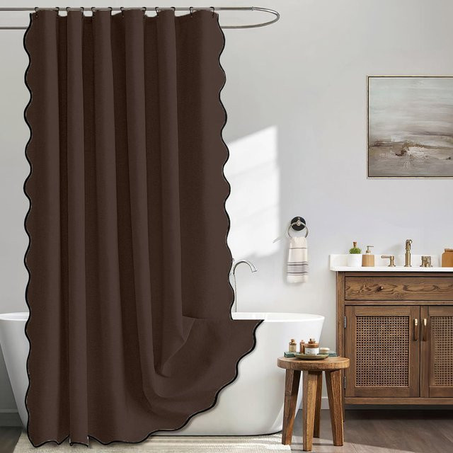 Wasserdichter Duschvorhang in Leinenoptik mit Wellenrand, Braun, B/H: 90 x 180 cm - Bild 1