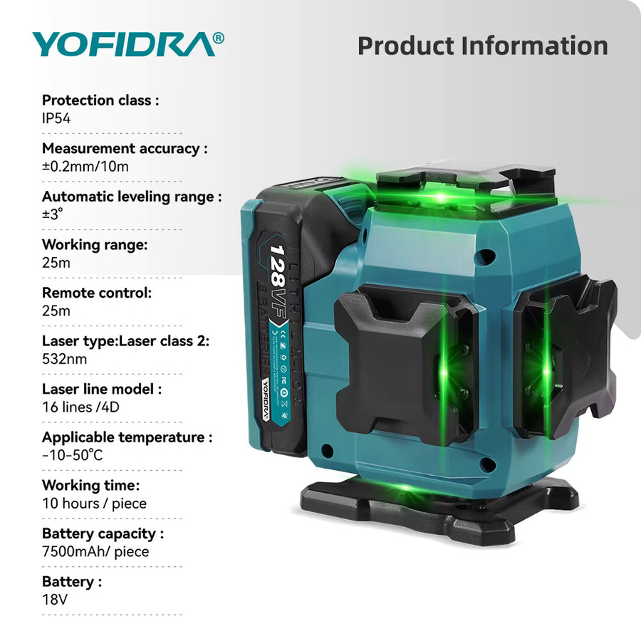 YOFIDRA 4D Laser-Wasserwaage mit 16 Linien, selbstnivellierendes 360 Grad Strahlwerkzeug für Makita 18V Akku - Bild 5