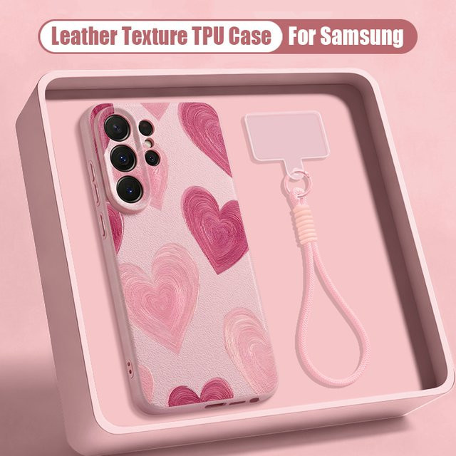 Samsung Handyhülle mit Herz-Muster und Trageband für Galaxy S26 S25 S24 S23 Ultra S25 FE A57 A37 A17 A56 A55 A16 A26 A54 in Pink und Braun - Bild 1