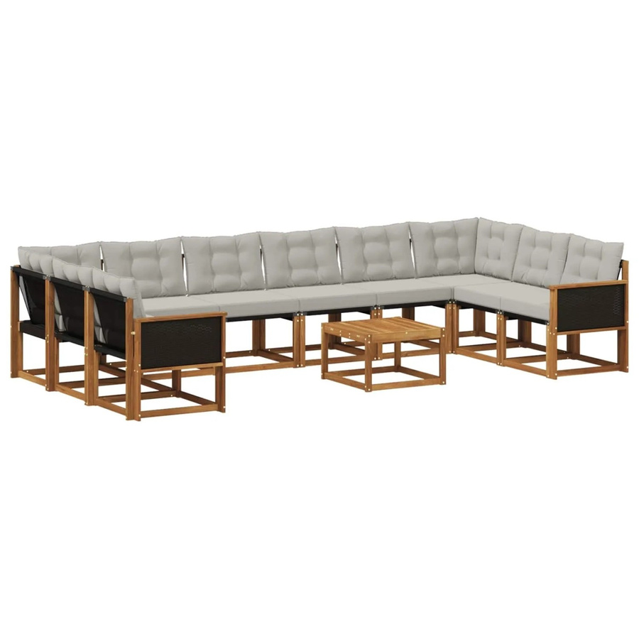 vidaXL Outdoor-Sofagarnitur L-Form aus Massivholz Akazie mit 11 Textilene Kissen in Natur und Hellgrau - Bild 2