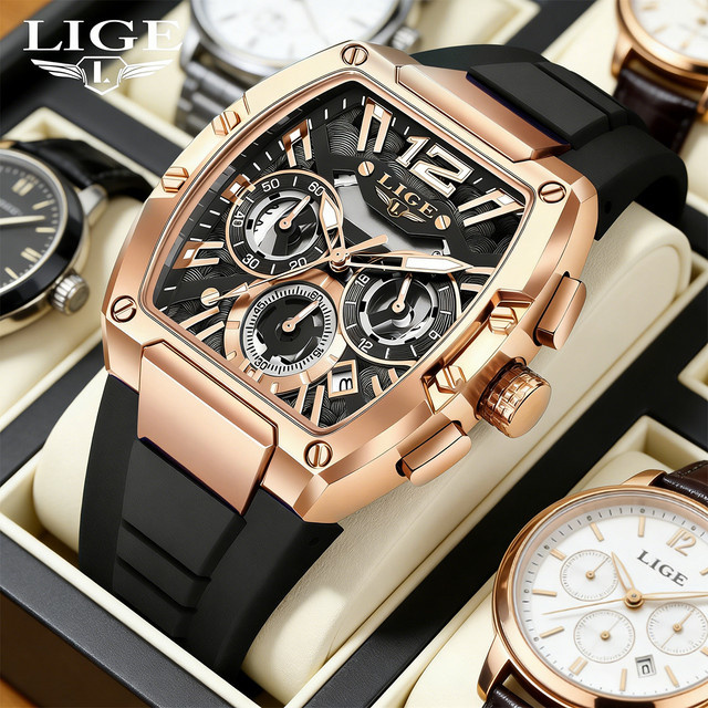 LIGE Chronograph Herren-Armbanduhr, Quarz, Silikonarmband, Schwarz, Roségold - Bild 1