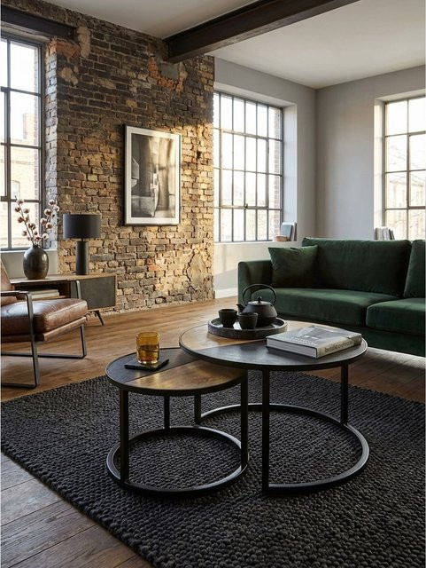 2-teiliges Couchtisch Set von KADIMA DESIGN aus Mango Massivholz in Braun mit Steinoptik und Metall, Rund, Durchmesser: 60 cm, Höhe: 36 cm - Bild 1