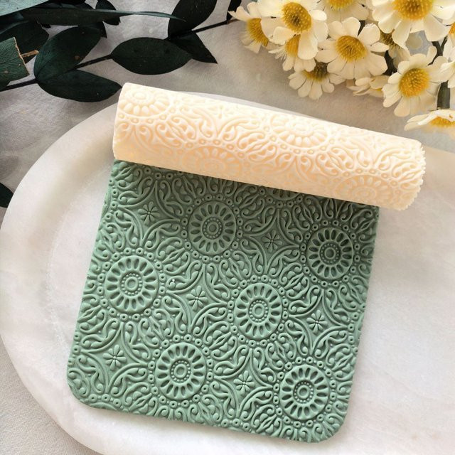 Barocke Sonnenblumen Texturwalze in Beige, 8 cm hochpräziser Musterstift zum Basteln von Polymer-Ton - Bild 1