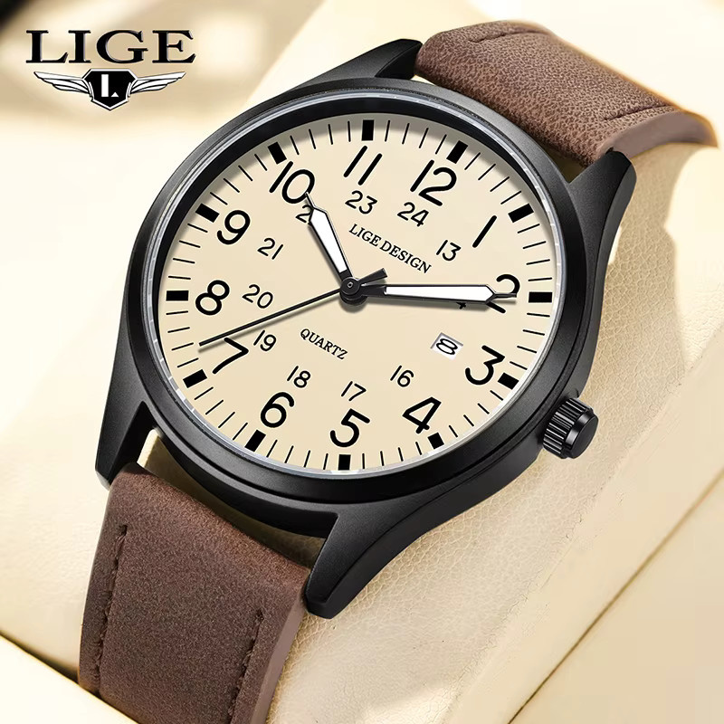 LIGE Armbanduhr Quarz, Analoguhr, Leder, Weiß, Schwarz, Herren - Bild 2