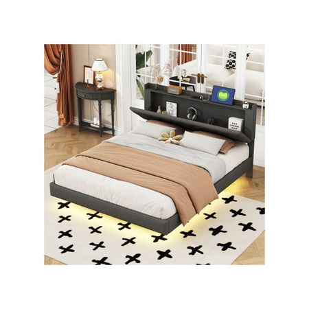 Gepolstertes MUVOE Bett aus Leinenstoff mit USB-Ladeanschluss und LED-Unterbettbeleuchtung, Farbe: Grau, B/T: 160 x 200 cm