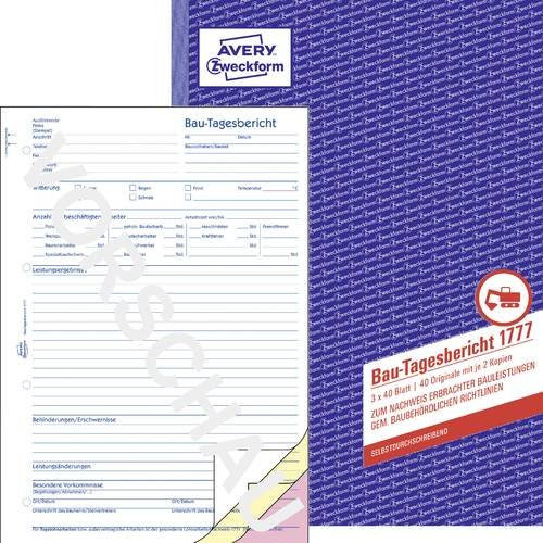 Avery Zweckform Bautagesbericht Formular 1777, DIN A4, 40 Blatt, selbstdurchschreibend - Bild 1