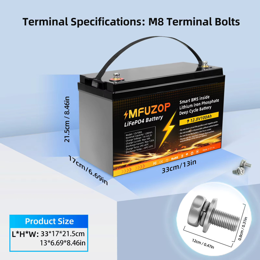 MFUZOP 12V 100Ah Lithium LiFePO4-Batterie mit 100A BMS in Schwarz - Bild 2